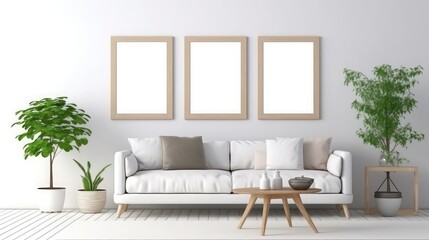 Modern interior of Empty wooden picture frame mockup hanging on wall background