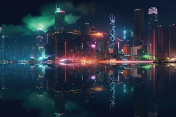 Urban nightscape: skyscrapers, neon lights and reflective river., generative IA