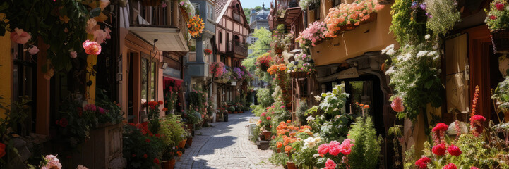 Fototapeta na wymiar Beautiful roses bloom in vintage street , panorama