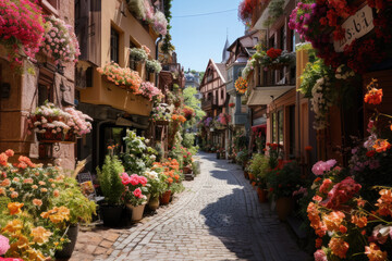 Fototapeta na wymiar Many rose flowers near old houses in the narrow medieval lane