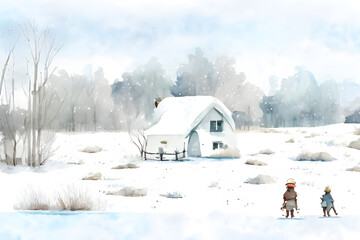 Enchanting Winter Wonderland With House Cabin: A Majestic Landscape Bright Abstract Watercolor Style Illustration Backdrop Generative Ai
