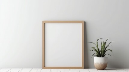 Fototapeta na wymiar Modern interior of Empty wooden picture frame mockup hanging on wall background