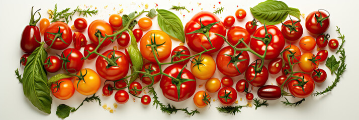 Ripe red yellow Tomatoes mix with water drops, banner