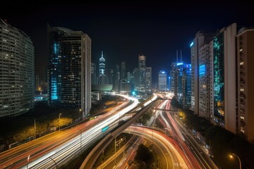 Fototapeta na wymiar Sparkling night cityscape with skyscrapers and movement., generative IA