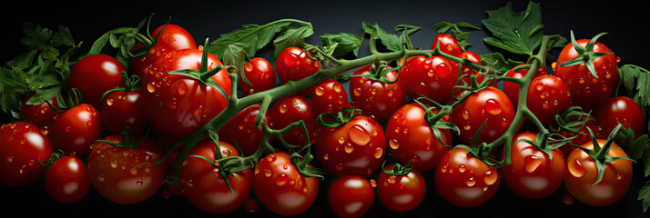 Red cherry tomatoes with water drops, banner