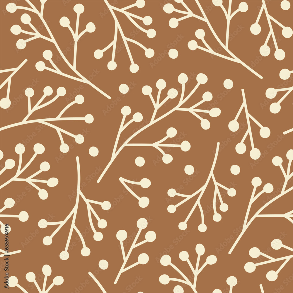 Poster abstract seamless pattern with beige branches berries on a brown background. monochrome design for t