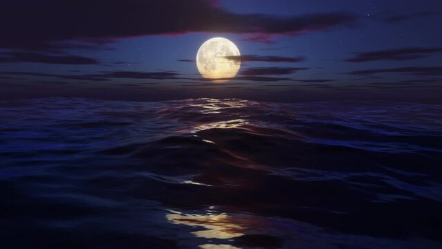 Side view of Flying over the ocean at moon night. Stylized looped animation. 3d render.