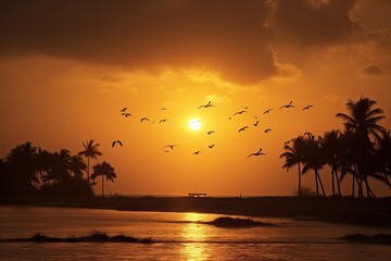 Golden sunset over the ocean, palm trees and seagulls in the spotlight., generative IA