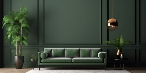 Vintage living room interior have sofa with green wall background
