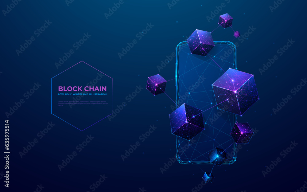 Leinwandbilder blockchain digital technology. abstract linked 3d blocks on technology blue smartphone background. f