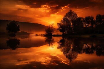 Fototapeta na wymiar Serene sunset over lake and hills., generative IA