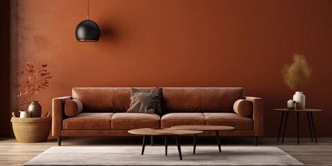 The modern living room interior has a sofa with  orange wall background 