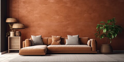 The modern living room interior has a sofa with  orange wall background 
