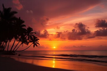 Obraz na płótnie Canvas Sun sets over calm sea and palm trees, sky in warm tones., generative IA