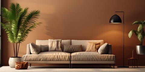The modern living room interior has a sofa with  beige wall background 