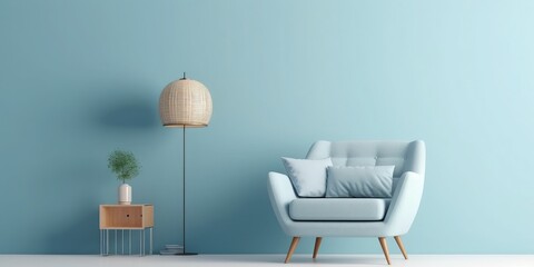 The modern living room interior has a sofa with blue wall background.