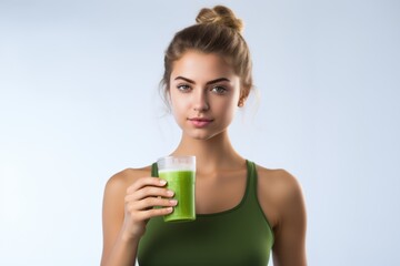 Beautiful girl holding a green drink from Moringa