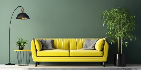 The vintage living room interior has sofa with green wall background 