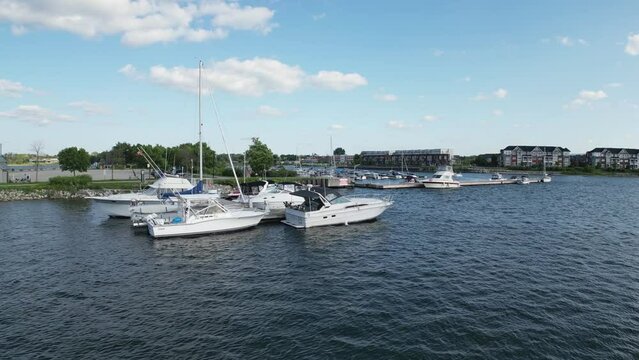 4K drone footage from Collingwood, Ontario flying over the boats in the harbour