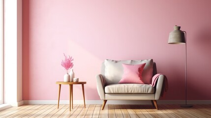 Modern living room interior have sofa with pink wall background. Copy Space.