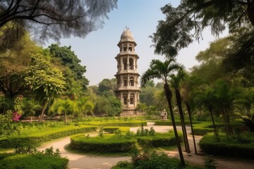 Fototapeta na wymiar Iconic tower, bustling square and serene gardens intertwine harmoniously., generative IA