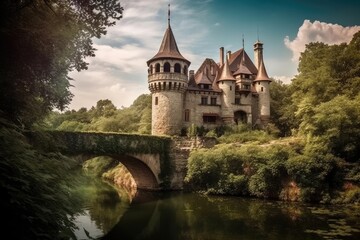 Fototapeta na wymiar Ancient castle, serene lake, lush gardens and picturesque bridges., generative IA