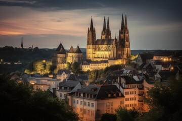 Fototapeta na wymiar Vibrant cityscape with gothic cathedral, bustling market and historic castle at sunset., generative IA