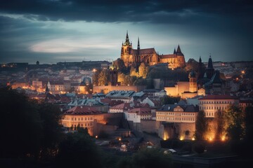Vibrant cityscape with gothic cathedral, bustling market and historic castle at sunset., generative IA
