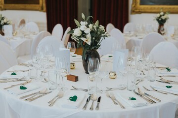 white flowers are placed on the tables in this banquet setting