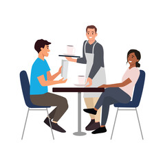 Modern summer cafe in quarantine time. Young people resting in a cafe at a safe distance. New normal gathering concept. Couple ordering menu in a cafe.