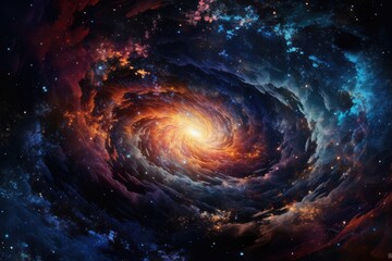 Spiral galaxy, dancing planets and nebulae in dazzling cosmic scene., generative IA