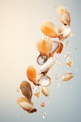 Flying shellfish in splashes of water. Creative Food Shot