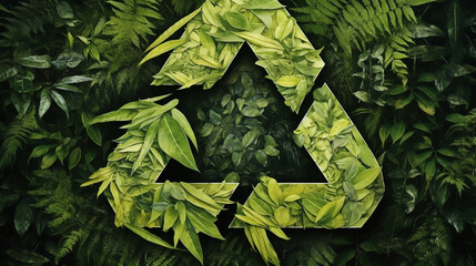 Recycling symbol made with leaves, to save the planet while taking care of the environment. - obrazy, fototapety, plakaty