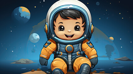 Fototapeta premium Cute astronaut boy in the outer space illustration. Cartoon style.