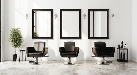 Black hair salon chairs on a white floor, in the style of use of earth tones.