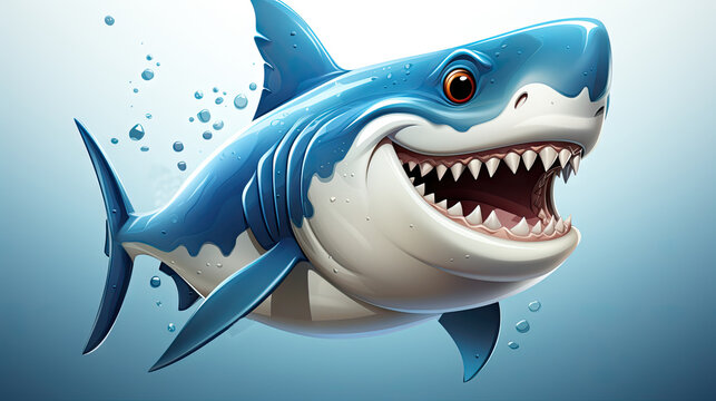 Shark with open mouth and teeth on blue background. 3d illustration