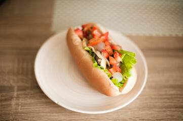 Homemade hotdog on the kitchen table