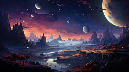 Naklejka premium Fantasy landscape with planet, moon and clouds. Vector illustration