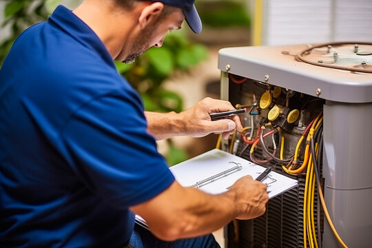Efficient HVAC technician thoroughly inspecting a home air conditioning unit, holding clipboard in cool color indoor setting. Exudes professional technical ambiance. 