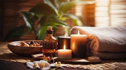 Beautiful spa treatment composition such as Towels, candles, essential oils, Massage Stones on light wooden background. blur living room, natural creams and moisturising Healthy lifestyle, body care - Powered by Adobe