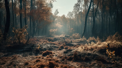 Forest fire, destruction of forest flora and fauna during fire.