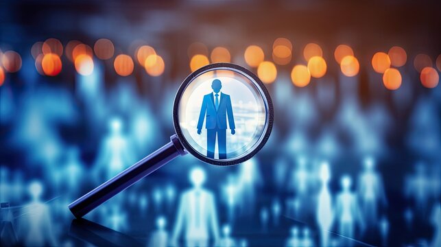 HRM or Human Resource Management, Magnifier glass focus to manager icon which is among staff icons for human development recruitment leadership and customer target. resume, interview. generate by AI.
