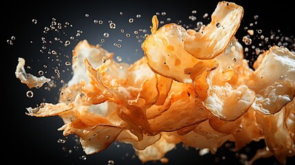  a bunch of orange peels falling into the air with water splashing on them.  generative ai