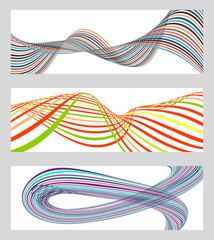 Wavy lines or ribbons. Set of 3 backgrounds. Multicolored striped gradient. Creative unusual background with abstract gradient wave lines to create a trendy banner, poster. vector eps