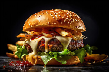 Luxurious juicy burger, insane details, food photography
