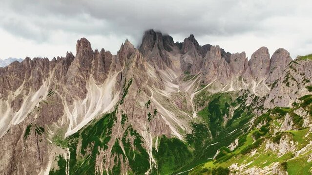 Aerial view Cadini di Misurina mountain group in Dolomites, Italy, part of Tre Cime di Levaredo national park and UNESCO world heritage site.
