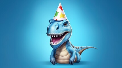  a dinosaur with a party hat on its head is smiling.  generative ai