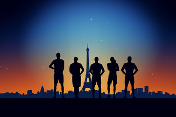 group of people standing over the eiffel tower