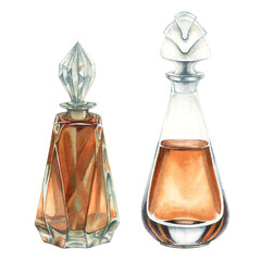 Beautiful watercolor glass vintage bottles for perfume and elixirs in fantasy games, in the alchemy laboratory, for magic potions Elements isolated on white background