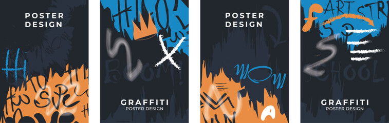 Set of posters in graffiti style. Street art, drawing on the wall. Poster template, design elements.